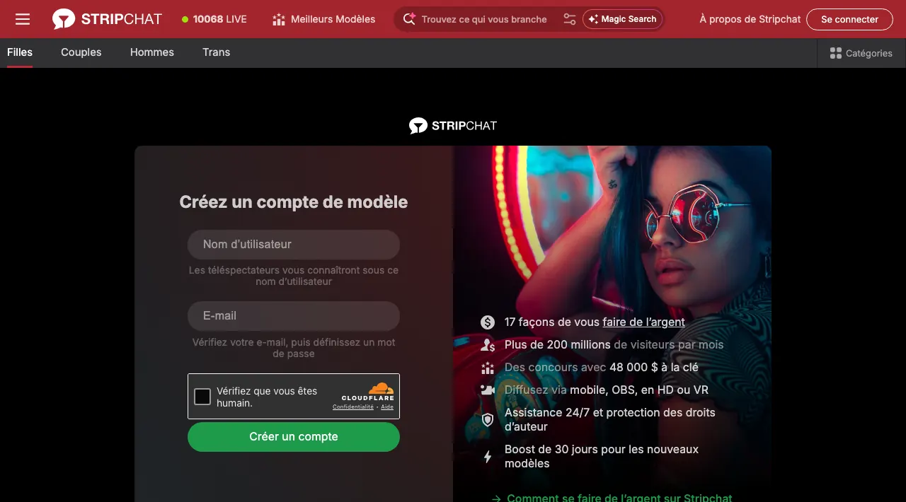 Formulaire d'inscription modèle sur Stripchat pour devenir camgirl