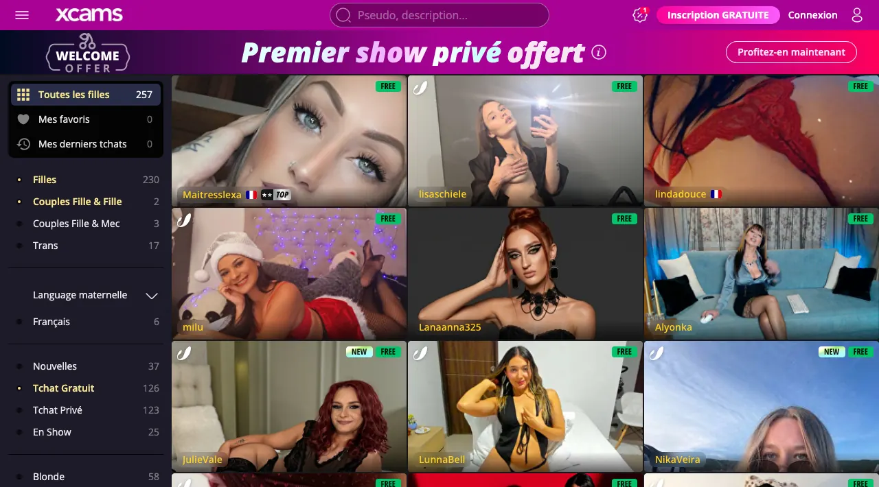 Page d'accueil de XCams avec l'offre premier show privé offert